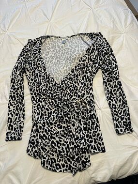 Cache Black and White Leopard Print Wrap Top